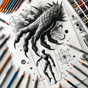 Dragon and human figure in grayscale pencil sketch on paper; black and grey cover-up tattoo design concept.