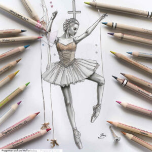 Ballerina sketch in black and grey on paper with tutu, surrounded by pencils; tattoo design idea; not a cover-up.