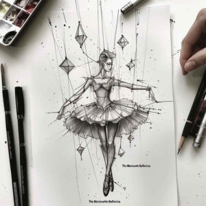 Black and grey ballet dancer sketch on paper with tutu, diamond geometric shapes, and pencils nearby; AI-generated tattoo project idea, suitable as a cover-up.