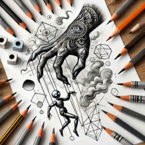 Horse and human figure with geometric black and grey pattern, clouds, and pencils; tattoo project idea for cover-up.