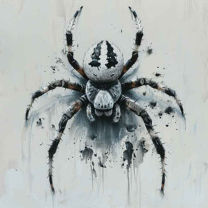 Black and grey spider with skull-like head, dripping ink on a pale backdrop; a tattoo design concept, ideal for a cover-up.