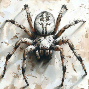 Large dark tarantula with white skull-like markings on its back; black and grey; tattoo design concept, project for cover-up.