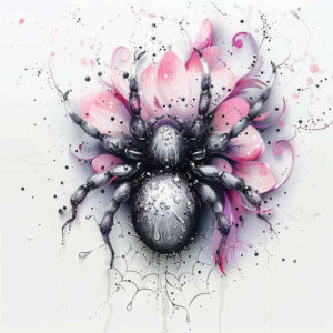 Flower with pink petals and black ink splatter on white background; watercolor effect; tattoo design idea; suitable for cover-up.