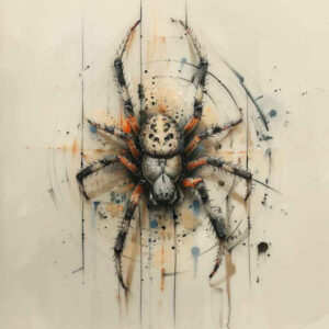 Black and grey watercolor spider tattoo on a pale background; tattoo project idea, suitable for a cover-up.