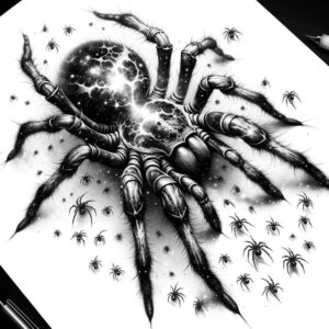 Spider tattoo design in black and grey with scattered star-like specks; an AI-generated tattoo project concept perfect for a cover-up.