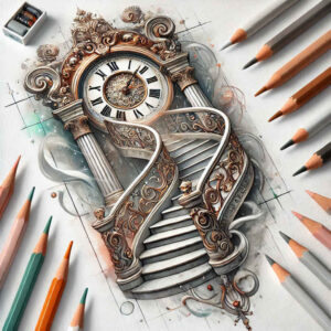 Pocket watch, chain, and colored pencils in a full color tattoo design idea; ornate filigree on the watch with metallic tones and vibrant pencil hues; AI-generated tattoo project; cover-up: no.