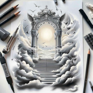 Black and grey archway with a glowing portal, ascending staircase, and wispy clouds; AI-generated tattoo project.