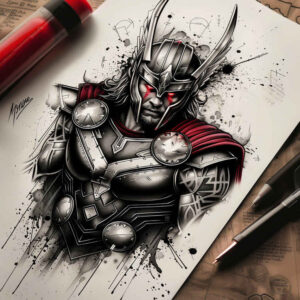Thor-inspired black and grey tattoo design on paper, featuring armored warrior with cape and horned helmet; project sketch with pencils and marker nearby; cover-up ready.
