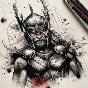 Black and grey Thor-inspired warrior tattoo design featuring helmet, armor, and cape with ink splatter; project concept; cover-up suitable.