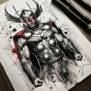 Black and grey Thor-inspired shadow warrior tattoo design with a helmeted armored figure and cape, featuring red accents; cover-up ready.
