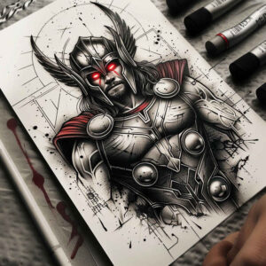 Thor-inspired armored warrior tattoo design in black and grey with red eyes on a white surface; AI-generated concept, perfect for a cover-up.
