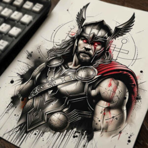 Thor-inspired black and grey tattoo design featuring armored warrior with wings on the helmet and a red cape; AI-generated project, ideal for cover-up.