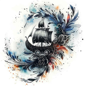 Colorful watercolor-style tattoo concept featuring a black sailing ship, blue and orange splashes, and swirling pattern accents; project idea, suitable for a cover-up.
