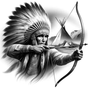 Warrior with feathered headdress, bow, arrow, and teepee backdrop in black and grey; AI-generated tattoo project, suitable for cover-up.