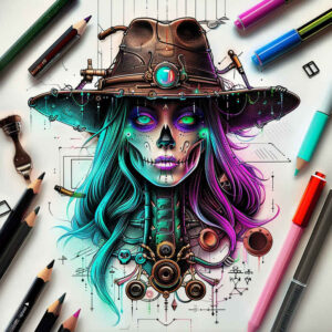 Colorful sugar skull tattoo design featuring a skull wearing a brown cowboy hat with a turquoise gem, teal and purple hair, and ornate jewelry; cover-up-ready project.