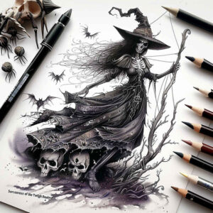 Dark witch silhouette amid skulls and bare trees under a pale moon; black and grey tattoo design concept, AI-generated cover-up project.