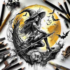 Moon in yellow backdrop; witch on skull with raven silhouettes in black and grey; cover-up-ready tattoo concept.