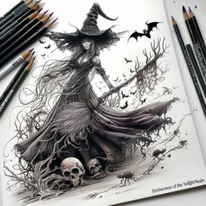 Witch, skull, raven, bat, moon, branch in black and grey; cover-up-ready tattoo design concept (AI-generated).