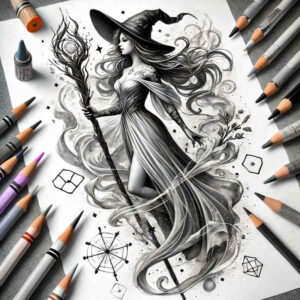 Dark, black-and-grey witch tattoo idea with a tall hat, flowing cloak, and staff, surrounded by crystals and dice; perfect for a cover-up; graphic pattern.