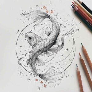 Koi fish in water sketch in black and grey with red flower accents; pencil tools visible; tattoo project idea; suitable for cover-up.