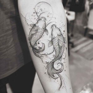 Koi fish flowing water tattoo on leg in black and grey, fine-line linework concept.
