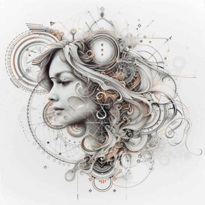 Black and grey tattoo design idea: a woman's profile with circular ornamental patterns and fine line accents; a project concept suitable for ink.