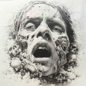 Objects: [face, skull, tooth, eye, mouth, flesh], color: black and grey, project: idea, cover-up: suitable; AI-generated tattoo project.