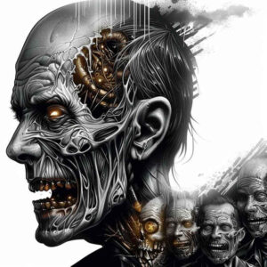 Cover-up ready black and grey biomechanical skull and face tattoo; gears visible, AI-generated tattoo project.