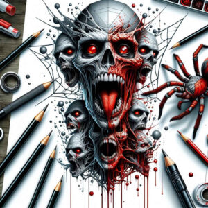 Objects: skull, skulls, blood splatter, scalpel, needle, knife; color: black and grey; project: tattoo idea; cover-up: suitable.