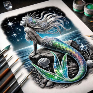Mermaid, tail, hair, stars, sky, waves; color tattoo design idea; AI-generated project; cover-up suitable.