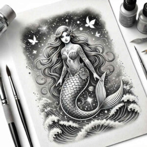 Black and grey mermaid tattoo design draft with flowing hair, scaled tail, and waves; AI-generated tattoo project idea; not intended for cover-up.