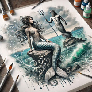 Mermaid with flowing hair and fish tail on a rock beside a skeletal figure with a trident amid blue waves; black and grey tattoo project; suitable for cover-up.