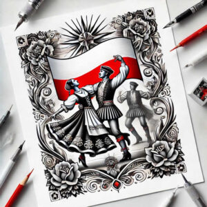 Frame with ornate border, two dancers and a red-white flag, in black and grey ink; AI-generated tattoo project; ideal for cover-up.
