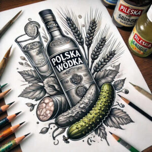 Vodka bottle, wheat, and a pickle in black and grey; a tattoo design concept, AI-generated tattoo project.