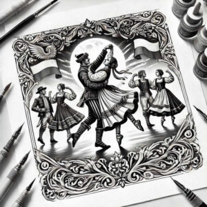 Dancers inside an ornate black-and-grey frame; tattoo design idea, AI-generated tattoo project, suitable for a cover-up.
