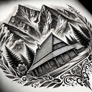 Mountain cabin, mountains, pine tree, border, flower, and leaf in black and grey; AI-generated tattoo project, ideal cover-up.