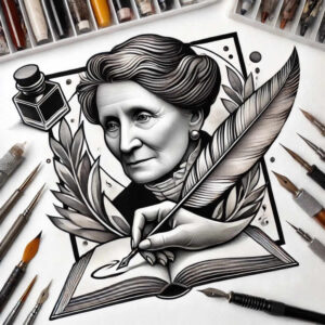 Portrait of an elderly woman, feather, quill, open book, ink, leaves, and geometric diamonds in black and grey; project idea; cover-up suitability: not ideal.