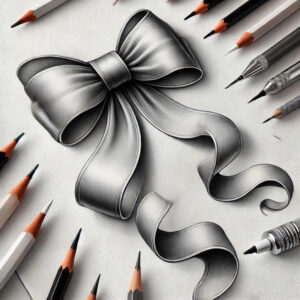 Bow in black and grey with flowing ribbon, pencils and pens around; AI-generated tattoo project; suitable for cover-up.