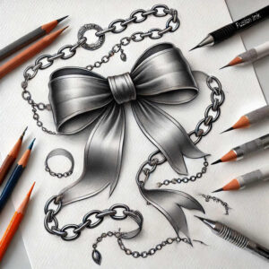 Grayscale tattoo project idea featuring a bow pendant, chain, and ring, with pencils and markers on white paper; black and grey; not ideal for cover-up.