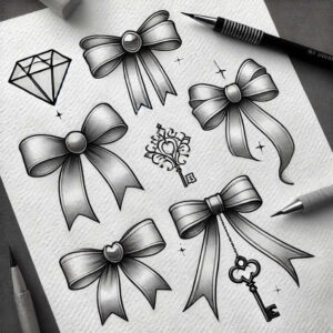 Black and grey tattoo design concept featuring bows, a diamond, a key, and a small flower motif; a project idea, not suitable for cover-up.