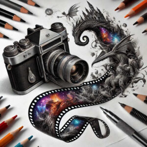 Camera, dragon, film strip, and pencil visible in black and grey with color accents; tattoo design concept, suitable for a cover-up.