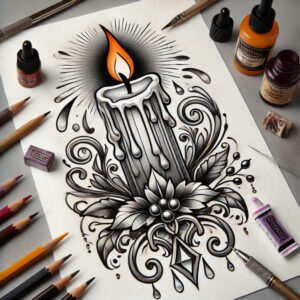 Candle with orange flame, black-and-grey floral swirls and leaves on white paper; ink bottle, pencil, and nib nearby; tattoo design idea; AI-generated tattoo project; cover-up: yes.