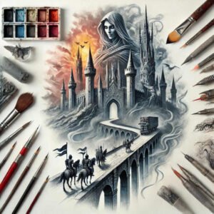 Castle, bridge, knight, horse, carriage, sun, and woman in black and grey; AI-generated tattoo project; suitable for a cover-up.