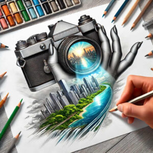 Camera held by a metallic gray hand sketching a colorful cityscape with river and trees; pencils surround; color tattoo design project; not suitable for cover-up.