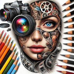 Colorful portrait of a woman's face embedded with film strips and gears, camera lens as the left eye, surrounded by colored pencils; color image; AI-generated tattoo project; suitable for a cover-up.