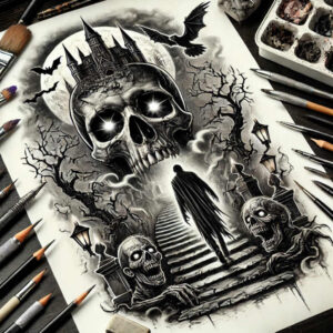 Skull crowned by a castle, with bats, a staircase, cloaked figure, and barren trees in black and grey ink; a project concept for a cover-up tattoo design.