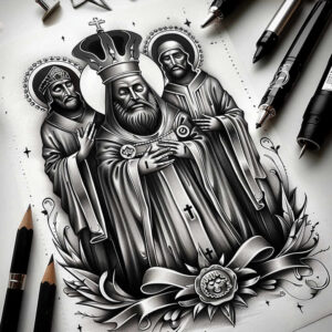 Black and grey tattoo design depicting three robed figures with halos, central crowned; floral motif at base; AI-generated concept; cover-up suitable due to heavy shading.