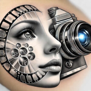Black and grey tattoo design showing a woman's profile with a camera lens over the eye and circular film-reel motifs around the cheek; cover-up ready.