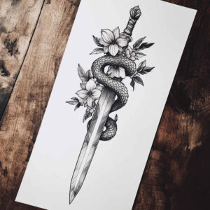 Black and grey dagger with a coiled snake and flower blossoms; pattern tattoo design idea; suitable for cover-up.