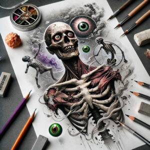 Skull, torso skeleton, eye, wheel, figure, hand in black and grey shading with green accents; tattoo project idea; cover-up ready.